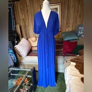 Royal Blue Maxi Gown with Plunge Neckline and Dolman Sleeves, Size 2X